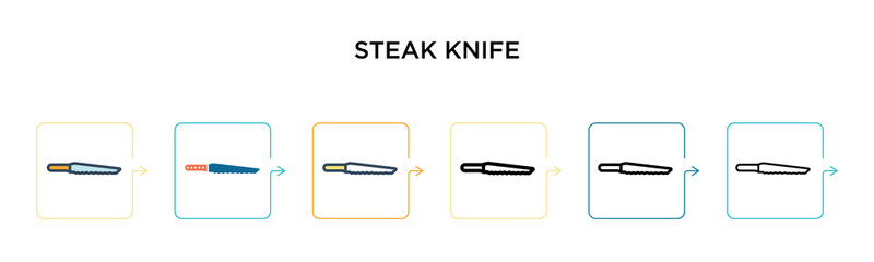 Steak knife vector icon in 6 different modern styles. Black, two colored steak knife icons designed in filled, outline, line and stroke style. Vector illustration can be used for web, mobile, ui