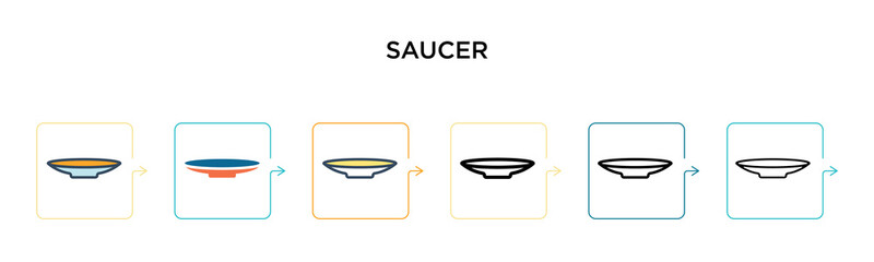 Saucer vector icon in 6 different modern styles. Black, two colored saucer icons designed in filled, outline, line and stroke style. Vector illustration can be used for web, mobile, ui