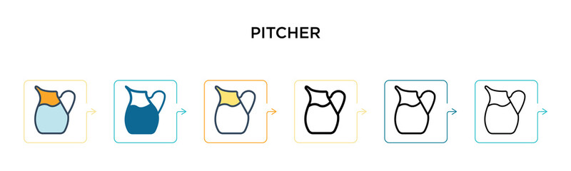 Pitcher vector icon in 6 different modern styles. Black, two colored pitcher icons designed in filled, outline, line and stroke style. Vector illustration can be used for web, mobile, ui