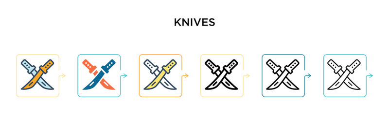 Knives vector icon in 6 different modern styles. Black, two colored knives icons designed in filled, outline, line and stroke style. Vector illustration can be used for web, mobile, ui