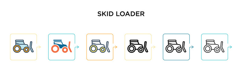 Skid loader vector icon in 6 different modern styles. Black, two colored skid loader icons designed in filled, outline, line and stroke style. Vector illustration can be used for web, mobile, ui