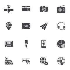 Press news vector icons set, journalism modern solid symbol collection, filled style pictogram pack. Signs, logo illustration. Set includes icons as camera, radio, satellite broadcasting, microphone