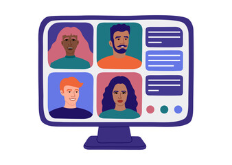 Online video conference, colleagues meeting from home, computer screen. Vector illustration, flat cartoon style. 