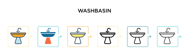Washbasin vector icon in 6 different modern styles. Black, two colored washbasin icons designed in filled, outline, line and stroke style. Vector illustration can be used for web, mobile, ui