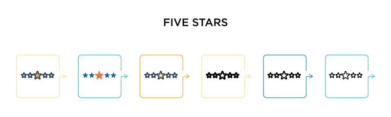 Five stars vector icon in 6 different modern styles. Black, two colored five stars icons designed in filled, outline, line and stroke style. Vector illustration can be used for web, mobile, ui