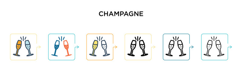 Champagne vector icon in 6 different modern styles. Black, two colored champagne icons designed in filled, outline, line and stroke style. Vector illustration can be used for web, mobile, ui