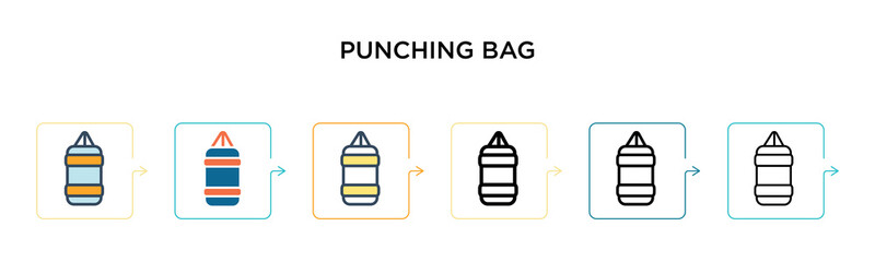 Punching bag vector icon in 6 different modern styles. Black, two colored punching bag icons designed in filled, outline, line and stroke style. Vector illustration can be used for web, mobile, ui