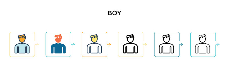 Boy vector icon in 6 different modern styles. Black, two colored boy icons designed in filled, outline, line and stroke style. Vector illustration can be used for web, mobile, ui