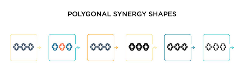 Obraz premium Polygonal synergy shapes vector icon in 6 different modern styles. Black, two colored polygonal synergy shapes icons designed in filled, outline, line and stroke style. Vector illustration can be used