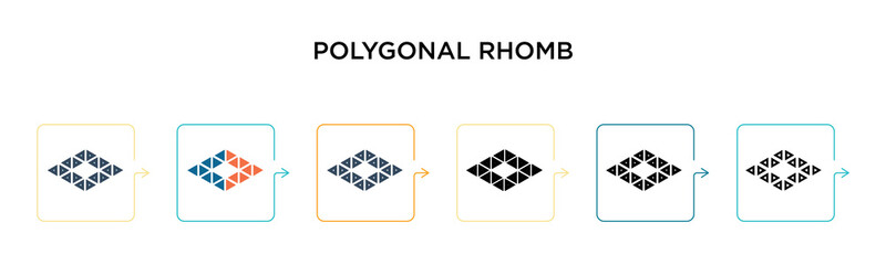 Polygonal rhomb vector icon in 6 different modern styles. Black, two colored polygonal rhomb icons designed in filled, outline, line and stroke style. Vector illustration can be used for web, mobile,
