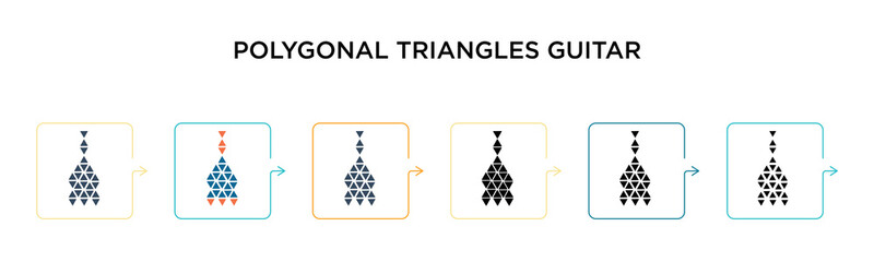 Polygonal triangles guitar vector icon in 6 different modern styles. Black, two colored polygonal triangles guitar icons designed in filled, outline, line and stroke style. Vector illustration can be