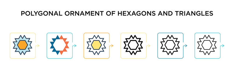 Polygonal ornament of hexagons and triangles vector icon in 6 different modern styles. Black, two colored polygonal ornament of hexagons and triangles icons designed in filled, outline, line and