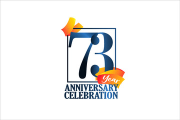 73 Year Anniversary Blue Color with Block Frame and Orange Yellow Ribbon - Vector