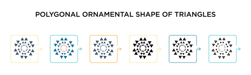 Polygonal ornamental shape of triangles vector icon in 6 different modern styles. Black, two colored polygonal ornamental shape of triangles icons designed in filled, outline, line and stroke style.