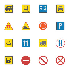 Prohibition and traffic sign collection, flat icons set, Colorful symbols pack contains - parking zone, stop warning, railroad, gas station, bus station, toilet. Vector illustration. Flat style design