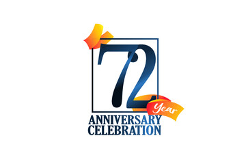 72 Year Anniversary Blue Color with Block Frame and Orange Yellow Ribbon - Vector