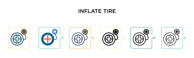 Inflate tire vector icon in 6 different modern styles. Black, two colored inflate tire icons designed in filled, outline, line and stroke style. Vector illustration can be used for web, mobile, ui