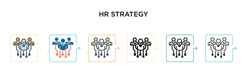 Hr strategy vector icon in 6 different modern styles. Black, two colored hr strategy icons designed in filled, outline, line and stroke style. Vector illustration can be used for web, mobile, ui