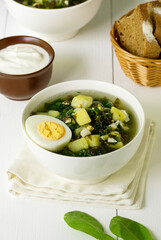 Green vegetable soup with sorrel leaves and eggs in a white bowl