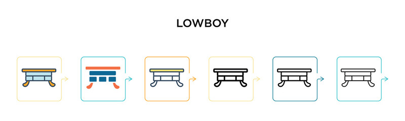Lowboy vector icon in 6 different modern styles. Black, two colored lowboy icons designed in filled, outline, line and stroke style. Vector illustration can be used for web, mobile, ui