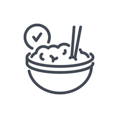 Food is Ready line icon. Bowl with a Chopstick and a Tick vector outline sign.