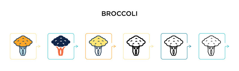 Broccoli vector icon in 6 different modern styles. Black, two colored broccoli icons designed in filled, outline, line and stroke style. Vector illustration can be used for web, mobile, ui