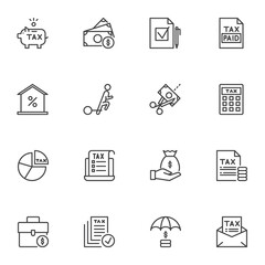 Tax line icons set, business and finance outline vector symbol collection, linear style pictogram pack. Signs logo illustration. Set includes icons - money savings, investment, loan, mortgage discount