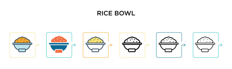 Rice bowl vector icon in 6 different modern styles. Black, two colored rice bowl icons designed in filled, outline, line and stroke style. Vector illustration can be used for web, mobile, ui