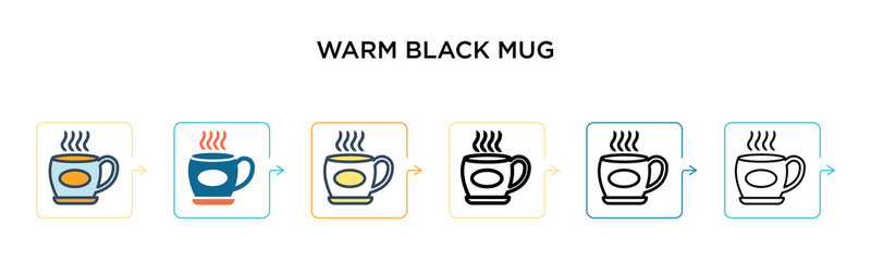 Warm black mug vector icon in 6 different modern styles. Black, two colored warm black mug icons designed in filled, outline, line and stroke style. Vector illustration can be used for web, mobile, ui