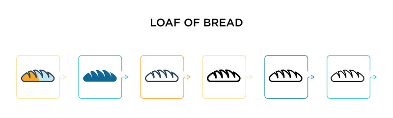 Loaf of bread vector icon in 6 different modern styles. Black, two colored loaf of bread icons designed in filled, outline, line and stroke style. Vector illustration can be used for web, mobile, ui