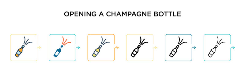 Opening a champagne bottle vector icon in 6 different modern styles. Black, two colored opening a champagne bottle icons designed in filled, outline, line and stroke style. Vector illustration can be