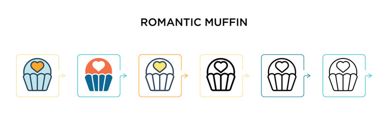 Romantic muffin vector icon in 6 different modern styles. Black, two colored romantic muffin icons designed in filled, outline, line and stroke style. Vector illustration can be used for web, mobile,