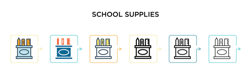School supplies vector icon in 6 different modern styles. Black, two colored school supplies icons designed in filled, outline, line and stroke style. Vector illustration can be used for web, mobile,