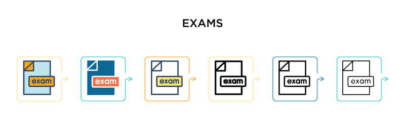 Exams vector icon in 6 different modern styles. Black, two colored exams icons designed in filled, outline, line and stroke style. Vector illustration can be used for web, mobile, ui