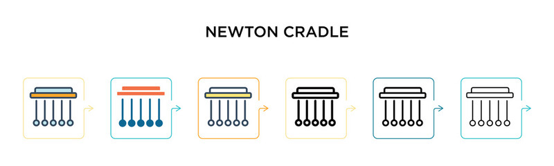 Newton cradle vector icon in 6 different modern styles. Black, two colored newton cradle icons designed in filled, outline, line and stroke style. Vector illustration can be used for web, mobile, ui
