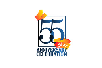55 Year Anniversary Blue Color with Block Frame and Orange Yellow Ribbon - Vector