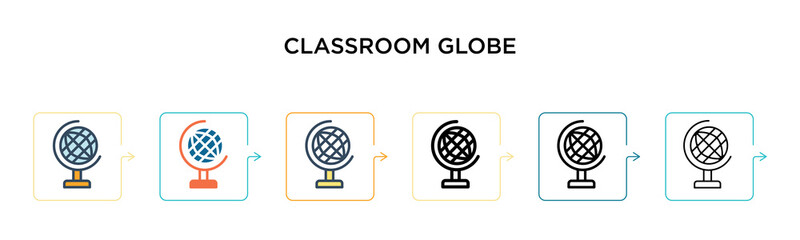 Classroom globe vector icon in 6 different modern styles. Black, two colored classroom globe icons designed in filled, outline, line and stroke style. Vector illustration can be used for web, mobile,