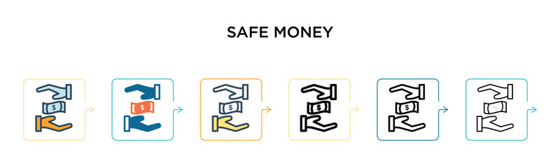 Safe money vector icon in 6 different modern styles. Black, two colored safe money icons designed in filled, outline, line and stroke style. Vector illustration can be used for web, mobile, ui