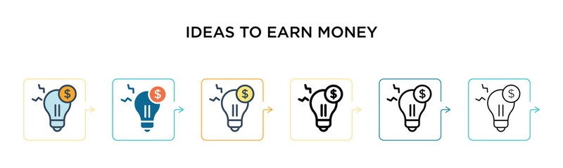 Ideas to earn money vector icon in 6 different modern styles. Black, two colored ideas to earn money icons designed in filled, outline, line and stroke style. Vector illustration can be used for web,