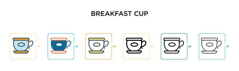 Breakfast cup vector icon in 6 different modern styles. Black, two colored breakfast cup icons designed in filled, outline, line and stroke style. Vector illustration can be used for web, mobile, ui