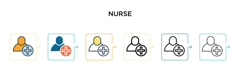 Nurse vector icon in 6 different modern styles. Black, two colored nurse icons designed in filled, outline, line and stroke style. Vector illustration can be used for web, mobile, ui