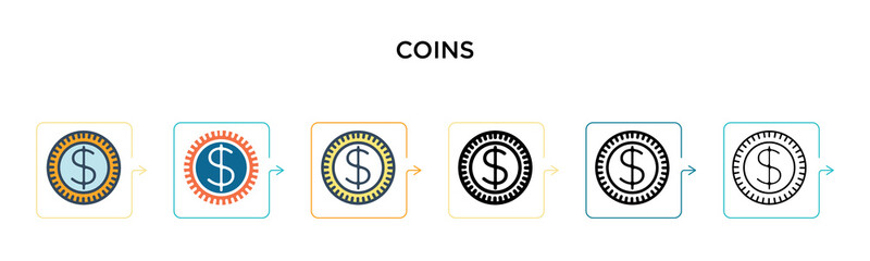Coins vector icon in 6 different modern styles. Black, two colored coins icons designed in filled, outline, line and stroke style. Vector illustration can be used for web, mobile, ui