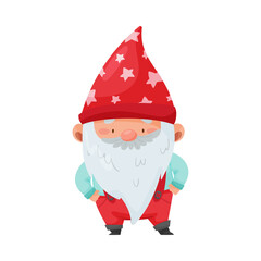 Fantastic Gnome Character with White Beard and Red Pointed Hat Standing with Hands on Hips Vector Illustration
