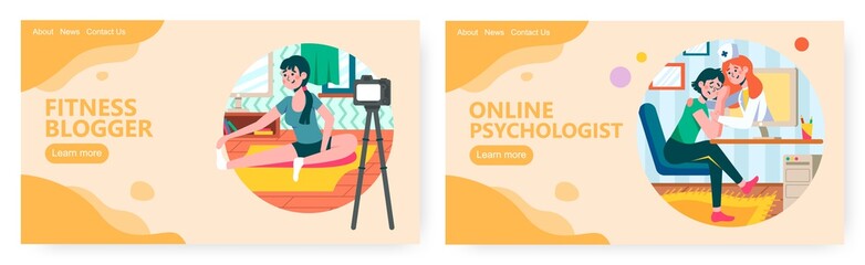 Fitness blogger gives lessons online. Psychology counseling and mental support in stress situation concept illustration. Vector web site design template. Landing page website illustration