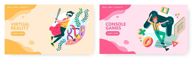 Virtual and augmented reality game technology. Console game controller. Gamer concept illustration. Vector web site design template. Landing page website illustration