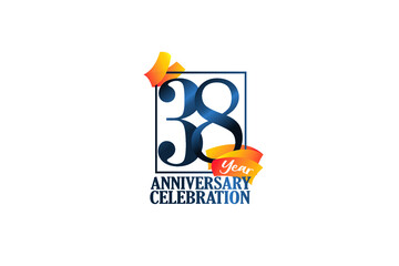 38 Year Anniversary Blue Color with Block Frame and Orange Yellow Ribbon - Vector