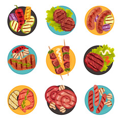 Grilled Food with Meat and Vegetables Rested on Plate Top View Vector Set
