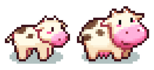 Cow pixel art on white background.