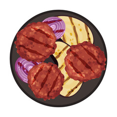 Grilled Food with Patty Meat Rested on Plate with Sliced Eggplant Vector Illustration