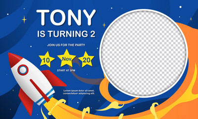 Kid birthday party invitation card design vector illustration with place for image and rocket